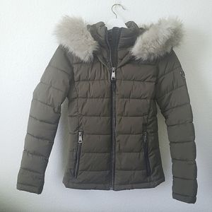 DKNY womens green puffer jacket faux fur hood XXS